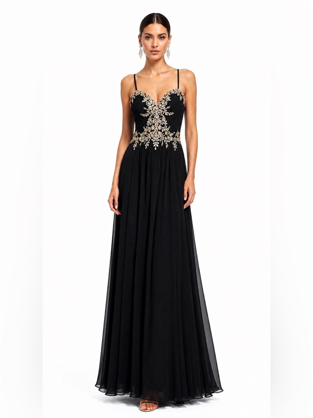 JVN by Jovani Black Beaded Pleated Chiffon Evening Gown Dress ‎ Size 0 NEW